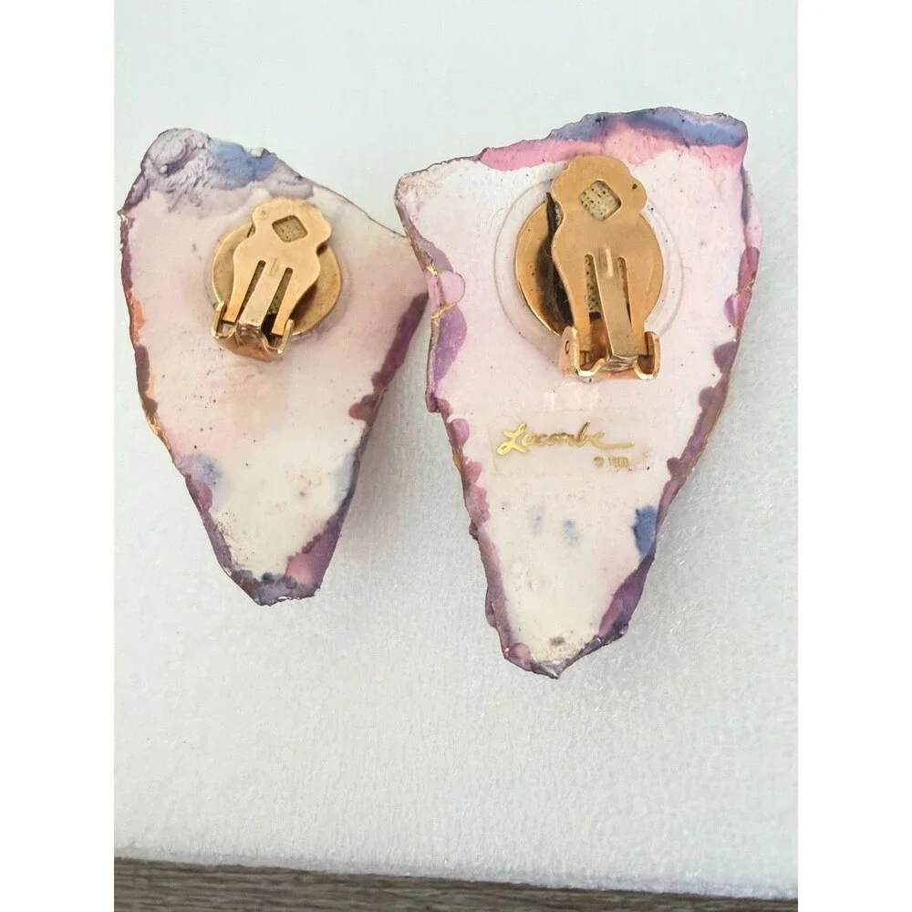 Vintage 1988 Lacombe Signed Abstract Mixed Media Clay Rhinestone Clip On Earring